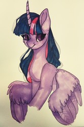 Size: 844x1280 | Tagged: safe, artist:neonishe, twilight sparkle, alicorn, pony, g4, curved horn, female, horn, mare, simple background, solo, spread wings, traditional art, twilight sparkle (alicorn), white background, wings