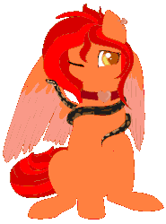 Size: 521x704 | Tagged: safe, artist:gleamydreams, derpibooru exclusive, oc, oc only, oc:fireblitz, pegasus, pony, snake, animated, bounce animation, choker, error, female, gif, looking at you, mare, one eye closed, piercing, simple background, sitting, solo, spread wings, transparent background, wings, wink