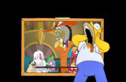 Size: 1019x669 | Tagged: safe, edit, edited screencap, screencap, big macintosh, discord, spike, collie, dog, earth pony, pony, pug, dungeons and discords, g4, cropped, dogs playing poker, fine art parody, homer simpson, male, nightmare fuel, poker, screaming, sheep dog, stallion, the simpsons, zoot suit