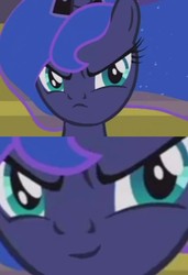Size: 1156x1687 | Tagged: safe, edit, edited screencap, screencap, princess luna, alicorn, pony, a royal problem, g4, >:), >:c, adorable face, amused, at first i was like but then i was like, cute, evil smile, faic, female, frown, frown upside down, grumpy luna, inverted mouth, luna is not amused, princess luna is amused, smiling, solo, unamused