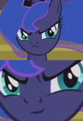 Size: 1156x1687 | Tagged: safe, edit, edited screencap, screencap, princess luna, alicorn, pony, a royal problem, g4, >:), >:c, adorable face, amused, at first i was like but then i was like, cute, evil grin, faic, female, frown, frown upside down, grumpy luna, inverted mouth, luna is not amused, princess luna is amused, smiling, solo, unamused