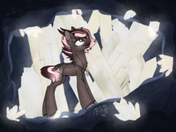 Size: 1024x768 | Tagged: safe, artist:melonseed11, oc, oc only, oc:poise, earth pony, pony, cave, crystal, female, horns, mare, solo