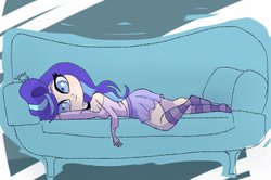 Size: 1853x1230 | Tagged: safe, artist:sl0ne, starlight glimmer, human, g4, breasts, cleavage, clothes, couch, cute, female, glimmerbetes, humanized, looking at you, lying down, midriff, moe, skirt, smiling, socks, solo, striped socks