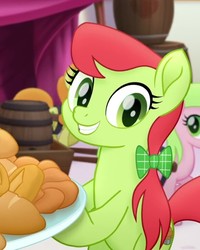Size: 581x726 | Tagged: safe, screencap, carrot top, golden harvest, peachy sweet, red gala, earth pony, pony, g4, my little pony: the movie, apple family member, background pony, bow, cropped, female, hair bow, looking at you, mare, smiling, solo focus