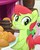 Size: 581x726 | Tagged: safe, screencap, carrot top, golden harvest, peachy sweet, red gala, earth pony, pony, g4, my little pony: the movie, apple family member, background pony, bow, cropped, female, hair bow, looking at you, mare, smiling, solo focus