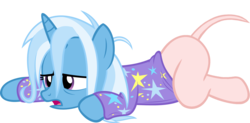 Size: 2105x1038 | Tagged: safe, artist:zacatron94, edit, editor:slayerbvc, vector edit, trixie, pony, unicorn, g4, bed mane, bottomless, clothes, dock, female, furless edit, hangover, mare, morning ponies, pajamas, partial nudity, partial nudity edit, shaved, shaved tail, simple background, solo, transparent background, vector