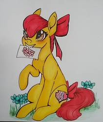 Size: 1414x1676 | Tagged: safe, artist:evergreen-gemdust, apple bloom, earth pony, pony, g4, female, latter, mouth hold, older, sitting, solo, traditional art