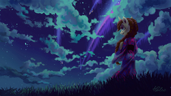 Size: 2598x1461 | Tagged: safe, artist:holivi, oc, oc only, unicorn, anthro, g4, anna, anthro oc, clothes, cloud, disney, female, frozen (movie), mare, night, night sky, rear view, shooting star, sky, smiling