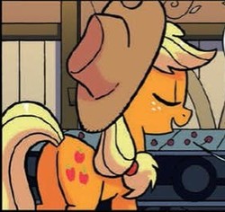 Size: 285x269 | Tagged: safe, applejack, earth pony, pony, g4, spoiler:comic, butt, eyes closed, female, freckles, mare, open mouth, plot, smiling, solo