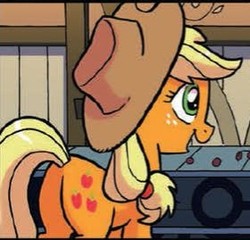 Size: 280x269 | Tagged: safe, applejack, earth pony, pony, g4, spoiler:comic, butt, female, freckles, mare, open mouth, plot, smiling, solo