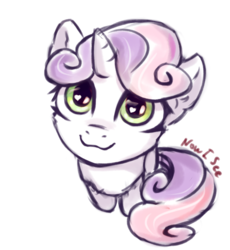 Size: 652x708 | Tagged: safe, artist:inowiseei, sweetie belle, pony, unicorn, g4, :3, cute, diasweetes, female, filly, heart eyes, hnnng, looking at you, looking up, looking up at you, simple background, sitting, smiling, solo, white background, wingding eyes