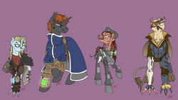 Size: 3562x2000 | Tagged: safe, artist:sourcherry, peachy sweet, oc, oc:anklebiter, oc:majorgearclaw, oc:twistedsteel, cyborg, earth pony, ghoul, griffon, pony, unicorn, fallout equestria, g4, apple family member, clothes, female, high res, male, mare, ncr, pipbuck, raider, smoking, stallion, weapon