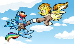 Size: 2000x1200 | Tagged: safe, artist:sallindaemon, rainbow dash, spitfire, pony, g4, alternate design, bomber jacket, clothes, cloud, flying, hoofbump, jacket