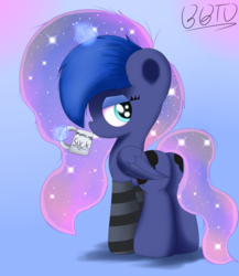 Size: 2660x3070 | Tagged: safe, artist:bronybehindthedoor, princess luna, pony, g4, butt, clothes, coffee mug, ethereal mane, female, galaxy mane, high res, looking back, mug, plot, socks, solo, striped socks