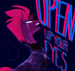 Size: 550x520 | Tagged: safe, artist:creeate97, tempest shadow, pony, unicorn, g4, my little pony: the movie, black background, broken horn, chromatic aberration, dialogue, eye scar, female, horn, mare, open up your eyes, scar, signature, simple background, singing, solo, song, song reference