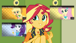 Size: 1920x1080 | Tagged: safe, screencap, applejack, fluttershy, rarity, sunset shimmer, driving miss shimmer, driving miss shimmer: applejack, driving miss shimmer: fluttershy, driving miss shimmer: rarity, equestria girls, g4, my little pony equestria girls: better together, cyoa, female, fourth wall, geode of empathy, geode of fauna, geode of shielding, geode of super strength, magical geodes, youtube