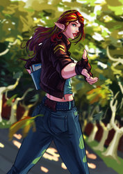 Size: 1024x1448 | Tagged: dead source, safe, artist:sunset tide, sunset shimmer, human, g4, ass, book, braid, butt, clothes, elf ears, female, fingerless gloves, gloves, humanized, jacket, jeans, looking back, pants, reaching, solo, unicorns as elves