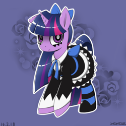 Size: 2272x2272 | Tagged: safe, artist:yorozpony, twilight sparkle, pony, unicorn, g4, anarchy stocking, anime, clothes, costume, crossover, dress, female, high res, horn, looking at you, mare, panty and stocking with garterbelt, shoes, skirt, socks, solo, stockinglight, stockings, striped socks, striped stockings, thigh highs, unicorn twilight