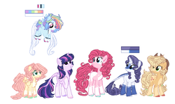 Size: 3493x2076 | Tagged: safe, artist:pandemiamichi, applejack, fluttershy, pinkie pie, rainbow dash, rarity, twilight sparkle, alicorn, earth pony, pegasus, pony, unicorn, g4, alternate design, coat markings, colored hooves, high res, hoof on chest, leonine tail, mane six, piebald coat, reference sheet, simple background, socks (coat markings), twilight sparkle (alicorn), white background