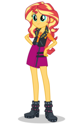 Size: 1030x1546 | Tagged: safe, sunset shimmer, equestria girls, g4, my little pony equestria girls: better together, official, boots, clothes, female, geode of empathy, hand on hip, high heel boots, jacket, leather jacket, not a vector, shoes, simple background, skirt, solo, transparent background, vector