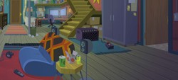 Size: 1920x864 | Tagged: safe, screencap, equestria girls, g4, my little pony equestria girls: better together, official, amplifier, apartment, background, basketball net, box, chair, computer, controller, couch, house, microwave, no pony, refrigerator, sunset's apartment, trash can