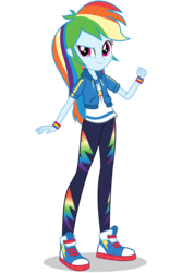 Size: 1030x1546 | Tagged: safe, rainbow dash, human, equestria girls, g4, my little pony equestria girls: better together, official, clothes, converse, eqg promo pose set, female, geode of super speed, hasbro, jacket, magical geodes, multicolored hair, pants, rainbow hair, shadow, shoes, simple background, smiling, sneakers, solo, standing, transparent background, vector, wristband