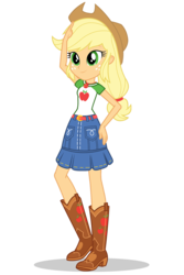 Size: 1030x1546 | Tagged: safe, applejack, equestria girls, equestria girls series, g4, official, belt, boots, clothes, cowboy boots, cowboy hat, denim skirt, female, freckles, geode of super strength, hand on hip, hat, high heel boots, shoes, simple background, skirt, solo, stetson, transparent background, vector