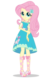 Size: 1030x1546 | Tagged: safe, fluttershy, equestria girls, equestria girls series, g4, official, clothes, cute, dress, eqg promo pose set, eyeshadow, feet, female, geode of fauna, hand on arm, lace sandals, looking at you, makeup, sandals, shadow, shyabetes, simple background, smiling, smiling at you, solo, transparent background, vector