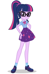 Size: 1030x1546 | Tagged: safe, sci-twi, twilight sparkle, equestria girls, g4, my little pony equestria girls: better together, official, bowtie, clothes, cutie mark on clothes, female, geode of telekinesis, glasses, hasbro, looking at you, magical geodes, ponytail, sci-twi skirt, shoes, simple background, skirt, smiling, socks, solo, transparent background, vector