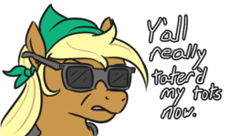 Size: 494x295 | Tagged: safe, artist:jargon scott, oc, oc only, oc:tater trot, earth pony, pony, bandana, bust, dialogue, female, mare, simple background, solo, sunglasses, white background, y'all