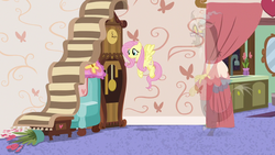 Size: 1280x720 | Tagged: safe, screencap, discord, fluttershy, draconequus, pegasus, pony, discordant harmony, g4, chair, clock, duo, fading, female, flying, male, mare, rug, transparent