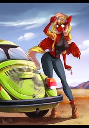 Size: 2126x3029 | Tagged: source needed, safe, artist:crazy-leg, artist:tkachenko, oc, oc only, oc:green blaze, pegasus, anthro, plantigrade anthro, :|, car, clothes, cloud, glasses, high res, phone, signature, solo, volkswagen, volkswagen beetle, wings