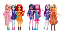 Size: 1600x809 | Tagged: safe, applejack, fluttershy, pinkie pie, rarity, sci-twi, sunset shimmer, twilight sparkle, equestria girls, g4, boots, clothes, dress, female, glasses, irl, photo, shoes, skirt, toy