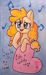 Size: 776x1280 | Tagged: safe, artist:theorderofalisikus, pear butter, pony, g4, female, heart, heart eyes, hearts and hooves day, holiday, music notes, postcard, solo, traditional art, valentine's day, valentine's day card, wingding eyes