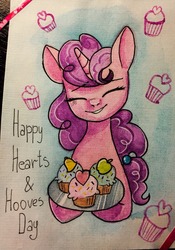 Size: 894x1280 | Tagged: safe, artist:theorderofalisikus, sugar belle, pony, g4, cupcake, eyes closed, female, food, hearts and hooves day, postcard, smiling, solo, traditional art