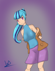 Size: 1935x2501 | Tagged: safe, artist:wolfy-pony, sonata dusk, human, g4, arm behind back, bare shoulders, breasts, clothes, colored pupils, cute, female, gradient background, humanized, looking at you, ponytail, skirt, smiling, solo