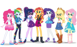 Size: 1888x1152 | Tagged: safe, edit, applejack, fluttershy, pinkie pie, rainbow dash, rarity, sci-twi, sunset shimmer, twilight sparkle, equestria girls, g4, my little pony equestria girls: better together, applejack's hat, boots, bracelet, clothes, converse, cowboy hat, denim skirt, dress, feet, female, glasses, hat, high heel boots, high heels, humane five, humane seven, humane six, jewelry, looking at you, mane six, pantyhose, pencil skirt, photo, ponytail, rarity peplum dress, sandals, shoes, simple background, skirt, smiling, sneakers, socks, stetson, transparent background