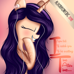 Size: 3000x3000 | Tagged: safe, artist:aldobronyjdc, oc, oc only, oc:melody verve, pony, unicorn, blushing, cyndi lauper, earbuds, high res, lyrics, solo, song reference, text, time after time