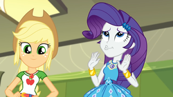 Size: 1280x720 | Tagged: safe, screencap, applejack, rarity, driving miss shimmer, equestria girls, g4, my little pony equestria girls: better together, duckface