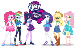 Size: 1888x1152 | Tagged: safe, edit, applejack, fluttershy, pinkie pie, rainbow dash, rarity, sci-twi, twilight sparkle, equestria girls, equestria girls series, g4, boots, clothes, converse, cowboy hat, denim skirt, dress, equestria girls logo, feet, female, geode of fauna, geode of shielding, geode of sugar bombs, geode of super speed, geode of super strength, geode of telekinesis, glasses, hand on hip, hat, high heel boots, high heels, humane five, humane six, logo, logo edit, magical geodes, mane six, my little pony logo, pantyhose, ponytail, sandals, shoes, simple background, skirt, sneakers, socks, stetson, transparent background, vector