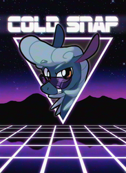 Size: 630x861 | Tagged: safe, artist:enma-darei, oc, oc only, oc:cold snap, pony, solo, synthwave, text