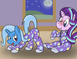 Size: 2048x1556 | Tagged: safe, artist:wingcommanderrudoji, starlight glimmer, trixie, pony, unicorn, g4, blushing, clothes, duo, female, footed sleeper, footie pajamas, mare, moon, pajamas, presenting