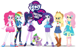 Size: 1888x1152 | Tagged: safe, edit, applejack, fluttershy, pinkie pie, rainbow dash, rarity, sci-twi, spike, spike the regular dog, twilight sparkle, dog, equestria girls, g4, my little pony equestria girls: better together, boots, clothes, converse, cowboy hat, denim skirt, dress, equestria girls logo, feet, female, geode of fauna, geode of shielding, geode of sugar bombs, geode of super speed, geode of super strength, geode of telekinesis, glasses, hand on hip, hat, high heel boots, high heels, humane five, humane six, logo, logo edit, magical geodes, mane six, my little pony logo, pantyhose, ponytail, sandals, shoes, simple background, skirt, sneakers, socks, stetson, transparent background, vector