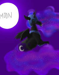 Size: 1000x1272 | Tagged: safe, artist:eternaldahaka, nightmare moon, pony, g4, ethereal mane, female, helmet, hoers, looking at you, moon, night, sky, solo, spread wings, text, wings