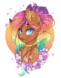 Size: 3040x3836 | Tagged: safe, artist:pvrii, oc, oc only, oc:sunkiss reverie, pony, ear piercing, female, flower, high res, looking at you, mare, piercing, simple background, smiling, solo, transparent background