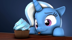 Size: 1280x720 | Tagged: safe, artist:flushthebatsanta, trixie, pony, g4, 3d, :p, cupcake, cute, diatrixes, food, silly, source filmmaker, tongue out