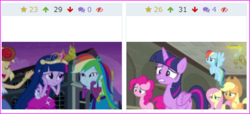 Size: 435x199 | Tagged: safe, screencap, applejack, fluttershy, pinkie pie, rainbow dash, twilight sparkle, alicorn, derpibooru, equestria girls, g4, my little pony equestria girls, the saddle row review, clothes, cropped, female, juxtaposition, meta, twilight sparkle (alicorn)