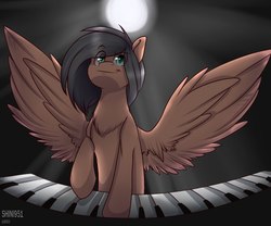 Size: 800x666 | Tagged: safe, artist:shinizavr, derpibooru exclusive, oc, oc only, oc:gearsy septima, pegasus, pony, female, mare, musical instrument, piano, simple background, smiling, spread wings, wings