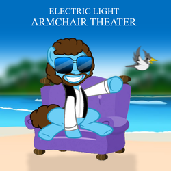 Size: 1200x1200 | Tagged: safe, artist:grapefruitface1, oc, oc only, oc:electric light (jeff lynne pony), bird, pegasus, pony, album cover, armchair, base used, beach, beard, chair, clothes, couch, facial hair, grin, jeff lynne, male, musician, parody, ponified, ponified album cover, show accurate, smiling, solo, stallion, sunglasses