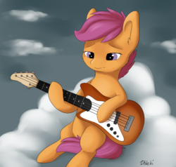 Size: 1024x975 | Tagged: safe, artist:dbleki, scootaloo, pony, g4, bad guitar anatomy, bass guitar, blank flank, cloud, commission, female, filly, guitar, left handed, musical instrument, on a cloud, sad, scootabass, sitting, sitting on a cloud, sky, solo, wings
